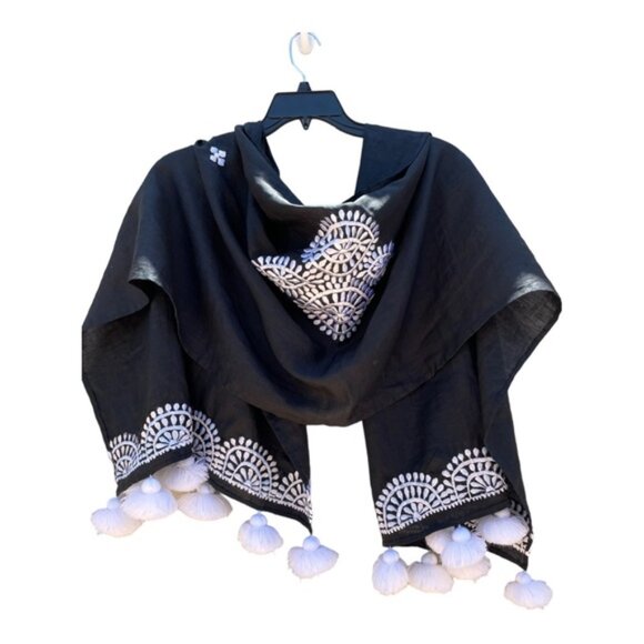 Black & White Embroidered Linen Blend Wrap/Shawl with Fringe Pom Pom's - Picture 5 of 12